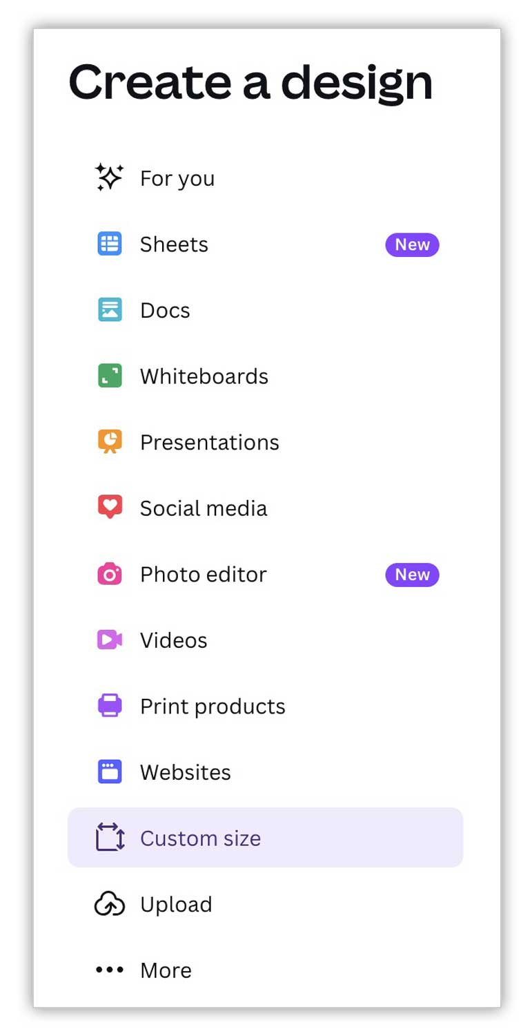 Canva - Create A Design Menu